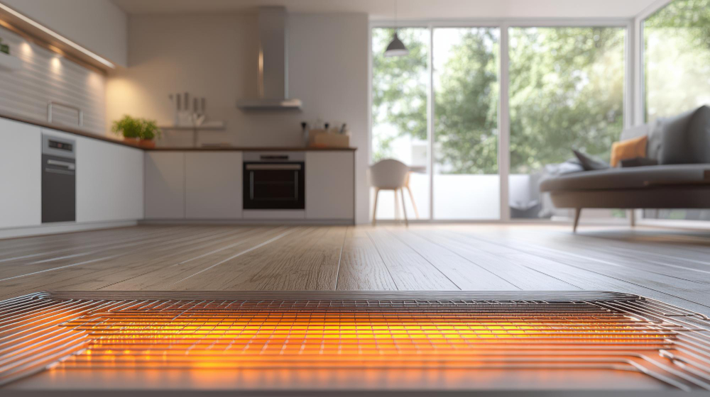 Instalación de calefacción por suelo radiante bajo pavimento de madera en una reforma de cocina y salón