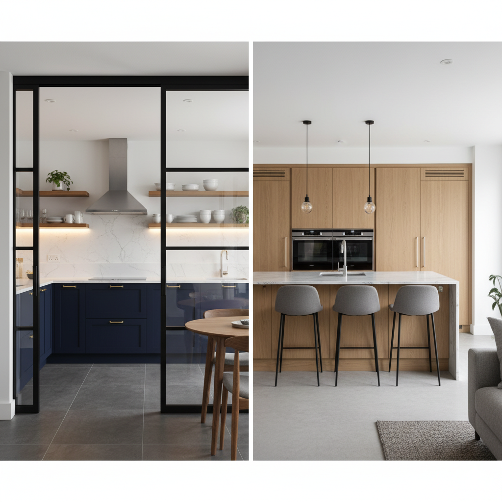Comparativa de dos cocinas modernas: una cerrada con puertas de vidrio y muebles azul marino, y otra abierta con isla central y mobiliario de madera clara.